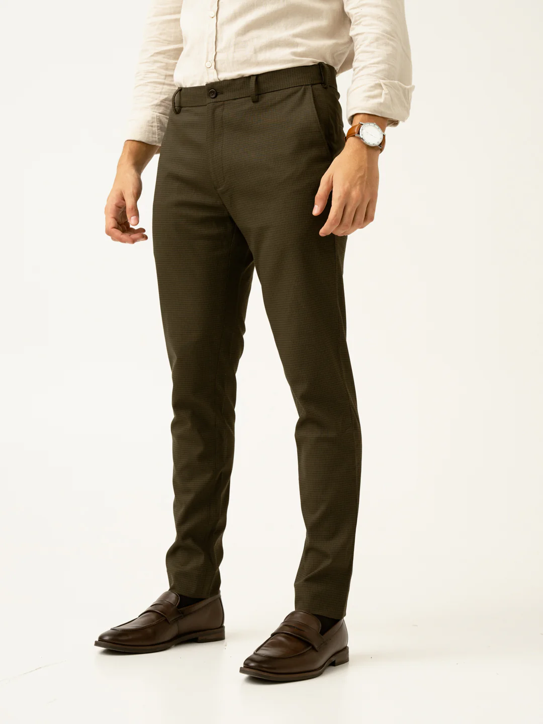 Moss Green Micro Checks Slim Fit Stretch Formal Pant - Image 10