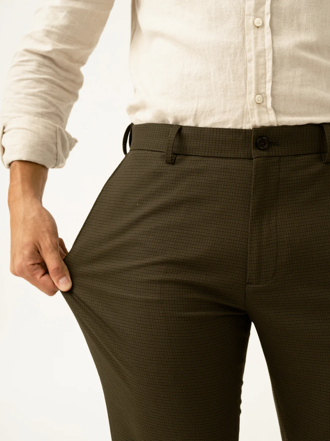 Moss Green Micro Checks Slim Fit Stretch Formal Pant - Image 3