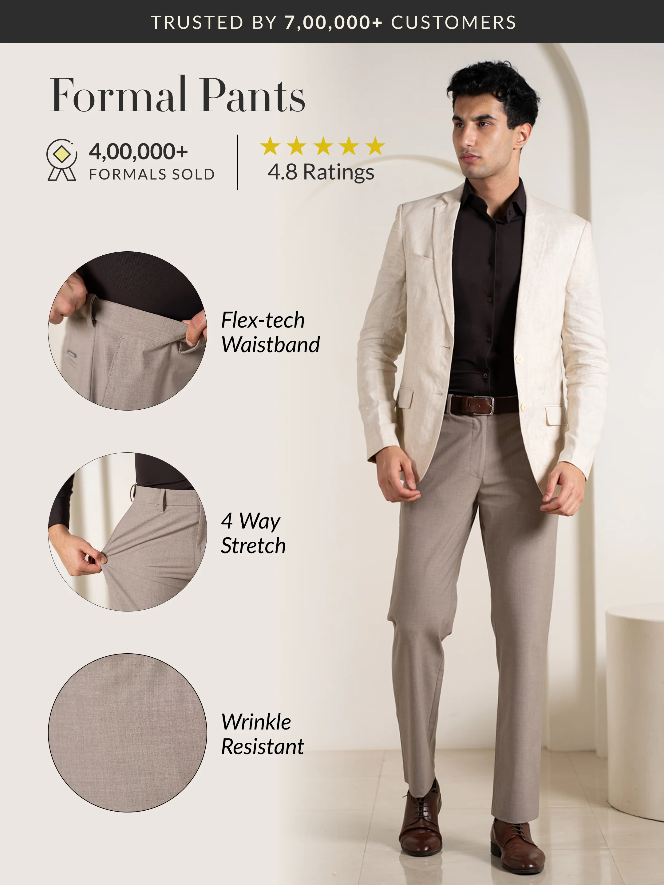 Muted Khaki Relaxed Fit Stretch Formal Pants - Image 2