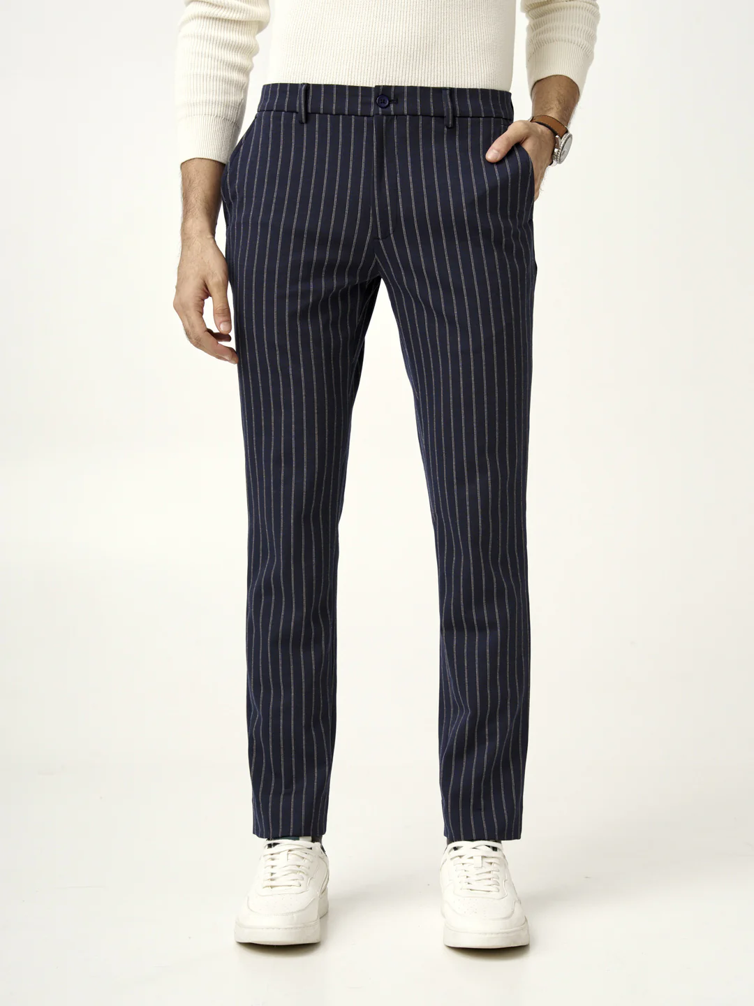 Navy Blue Pinstripe Power-Stretch Pants - Image 3