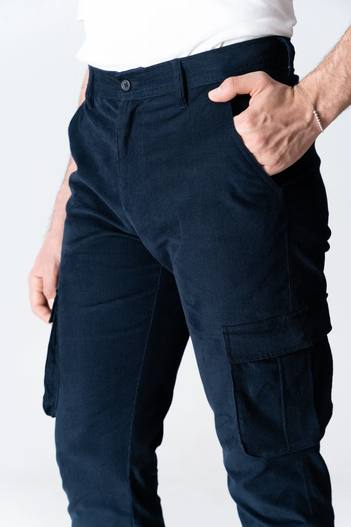 Navy Corduroy Stretch Cargo Pants - Image 4