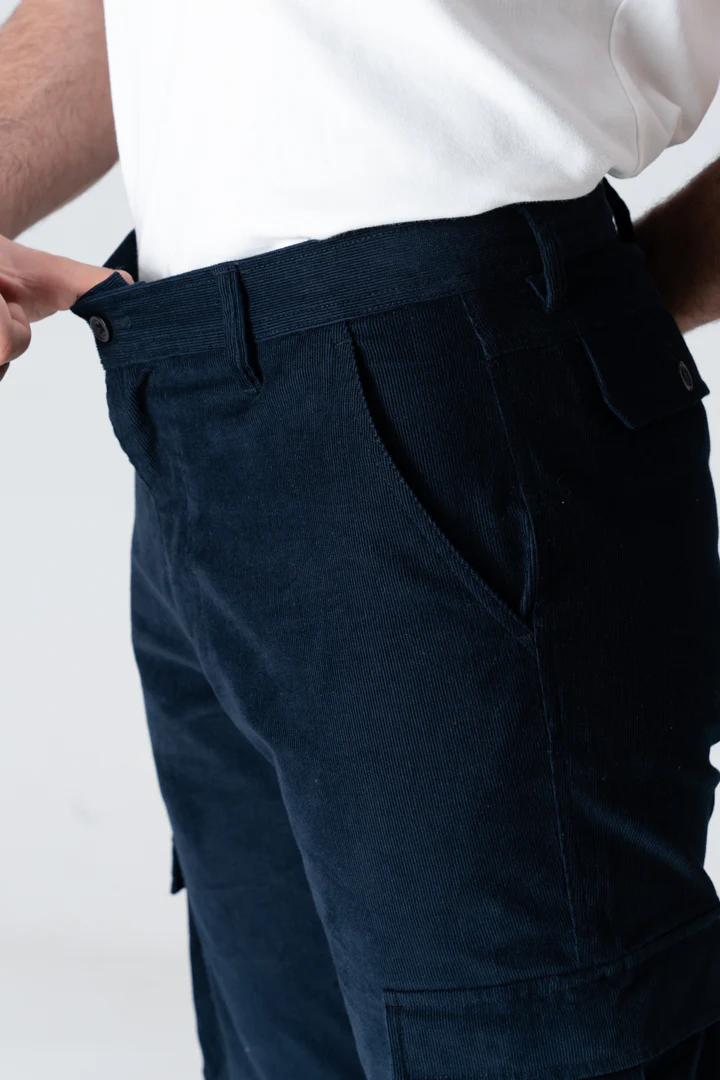 Navy Corduroy Stretch Cargo Pants - Image 5