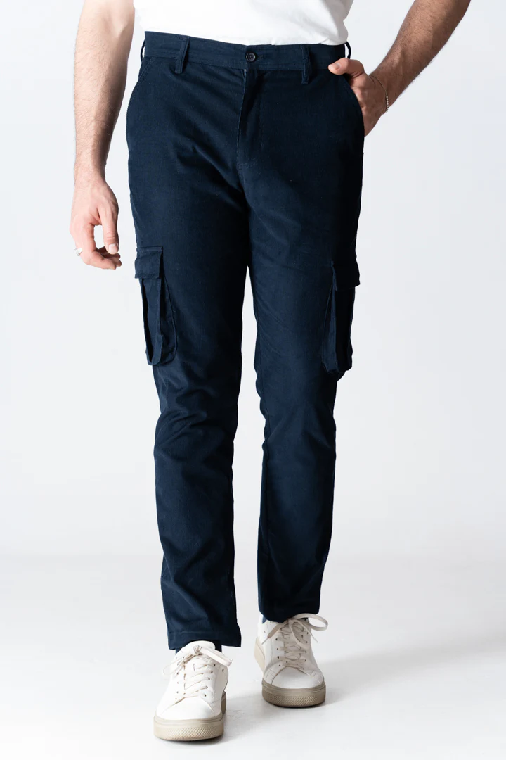Navy Corduroy Stretch Cargo Pants - Image 6