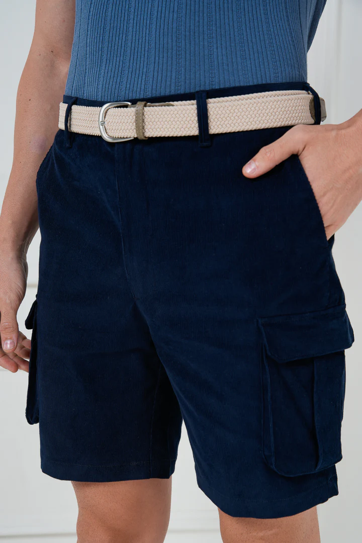Navy Corduroy Stretch Cargo Shorts - Image 4