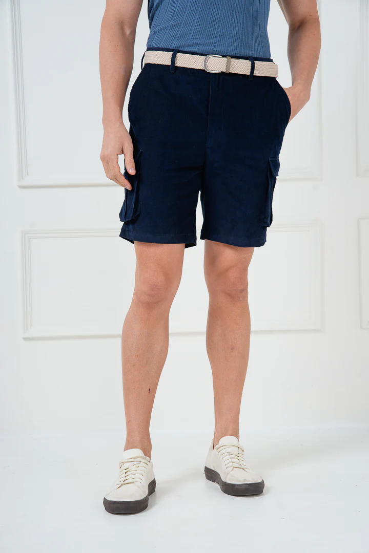 Navy Corduroy Stretch Cargo Shorts - Image 5