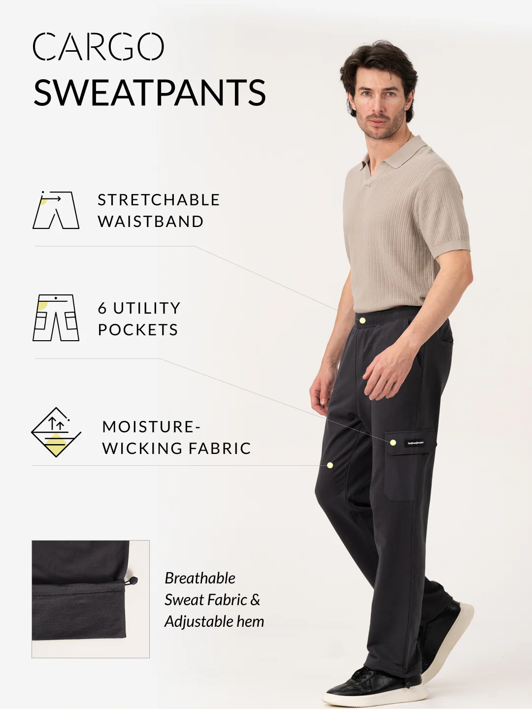 Neutral Grey Relaxed Fit Cargo Sweatpants - Image 2