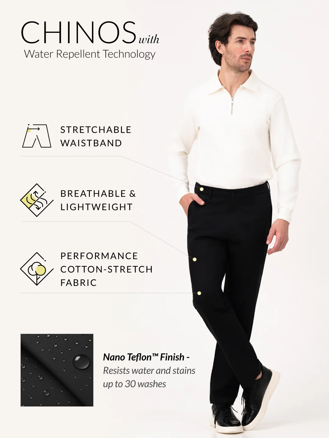 Noctara Black Relaxed Fit Stretch Chinos for Men - Image 3