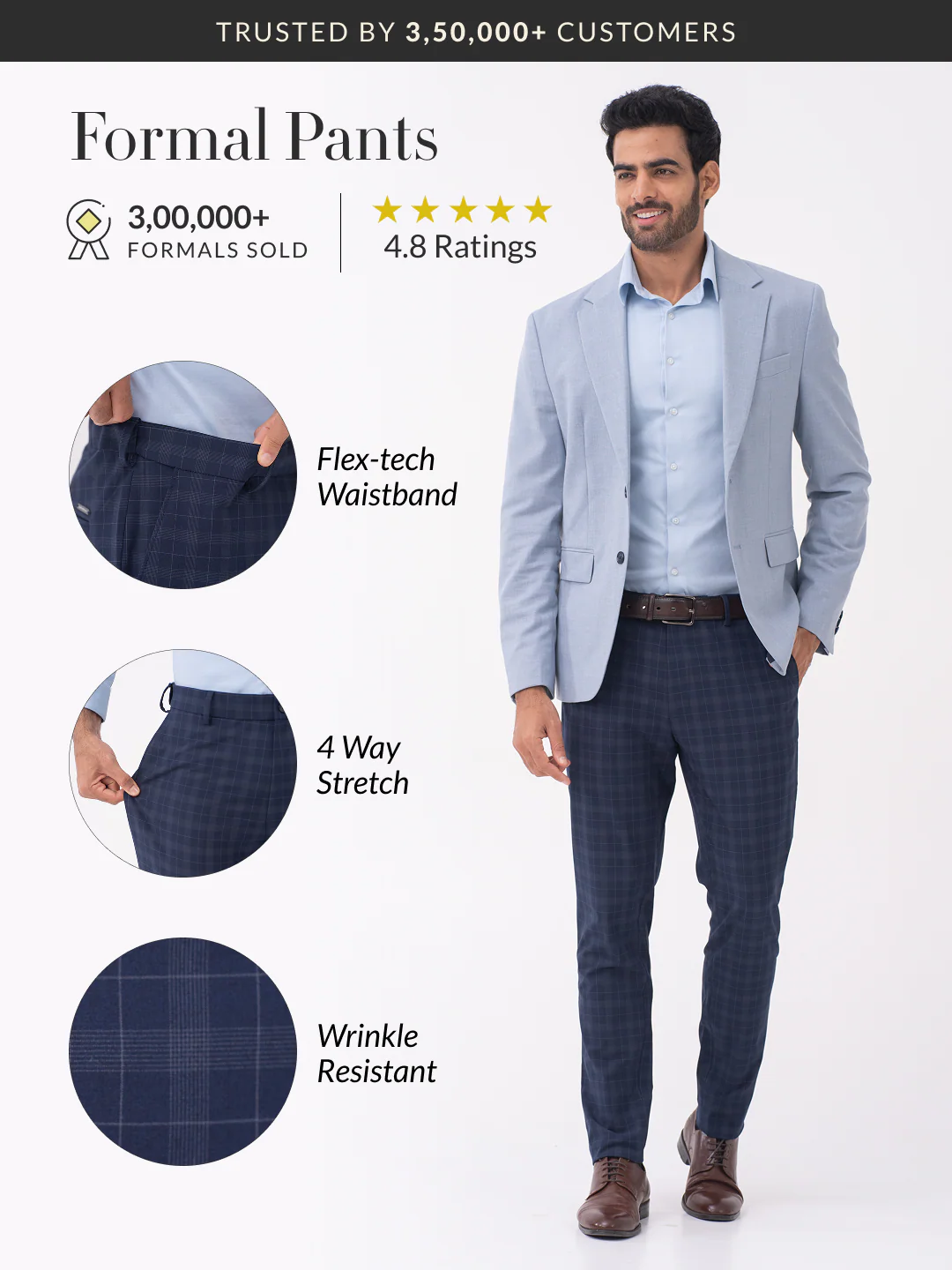 Otter Navy Checks Slim Fit Stretch Formal Pants - Image 2