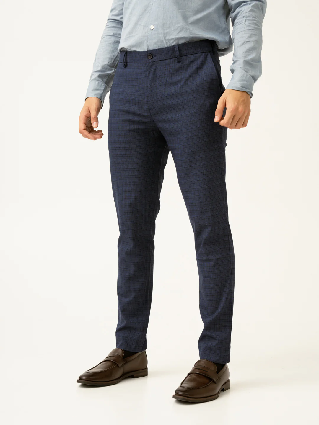 Passport Blue Checks Slim Fit Stretch Formal Pant - Image 10