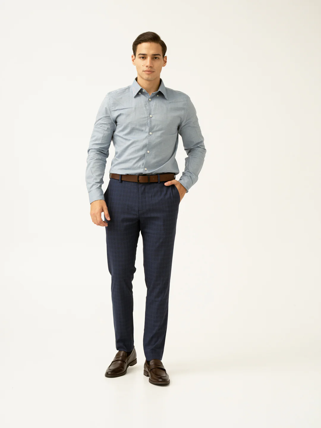 Passport Blue Checks Slim Fit Stretch Formal Pant - Image 11
