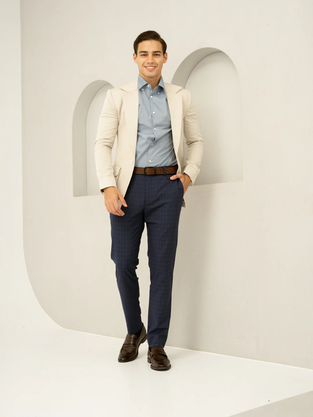 Passport Blue Checks Slim Fit Stretch Formal Pant - Image 5
