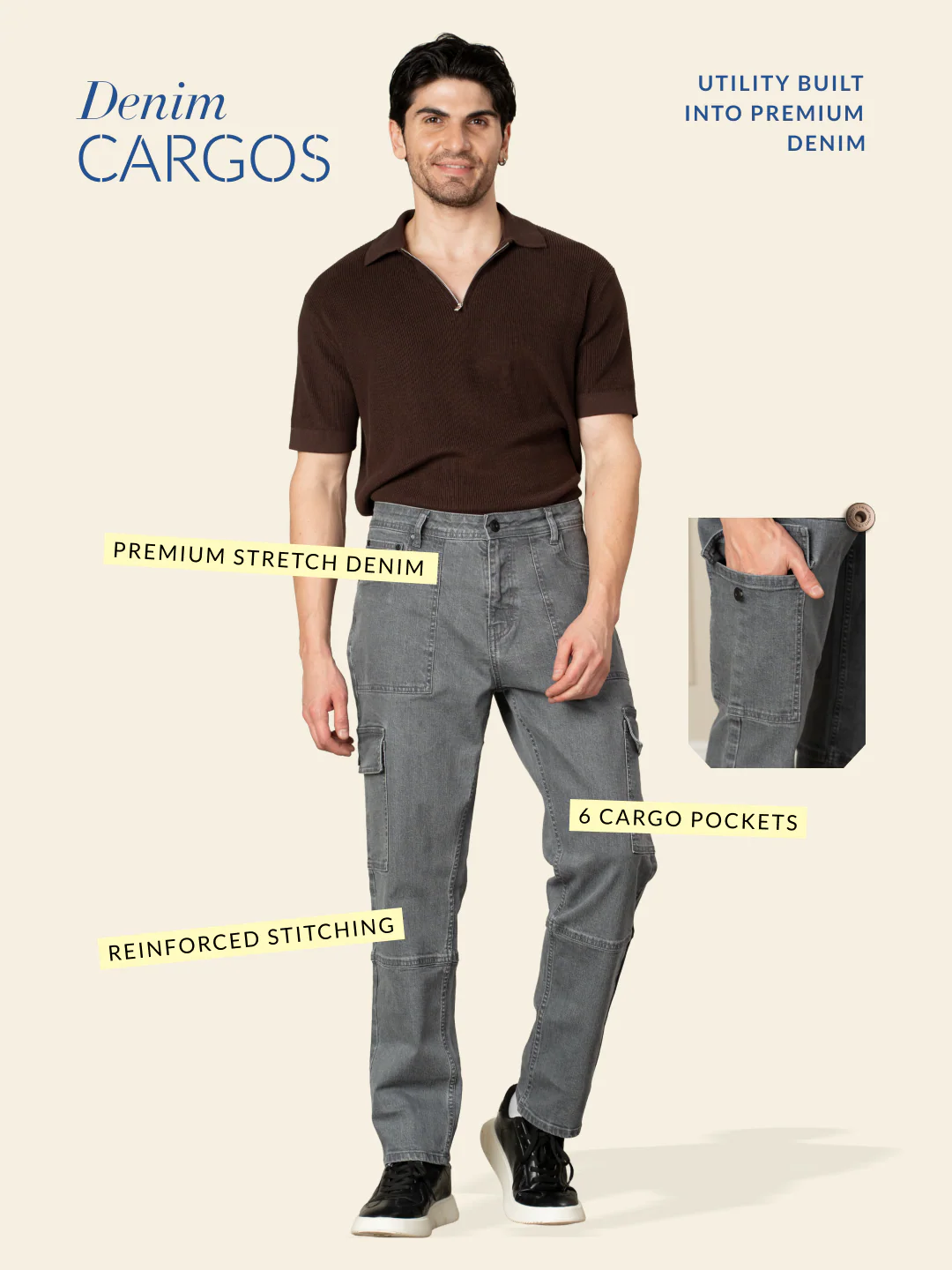 Peak Grey Relaxed Fit Denim Cargos - Image 2