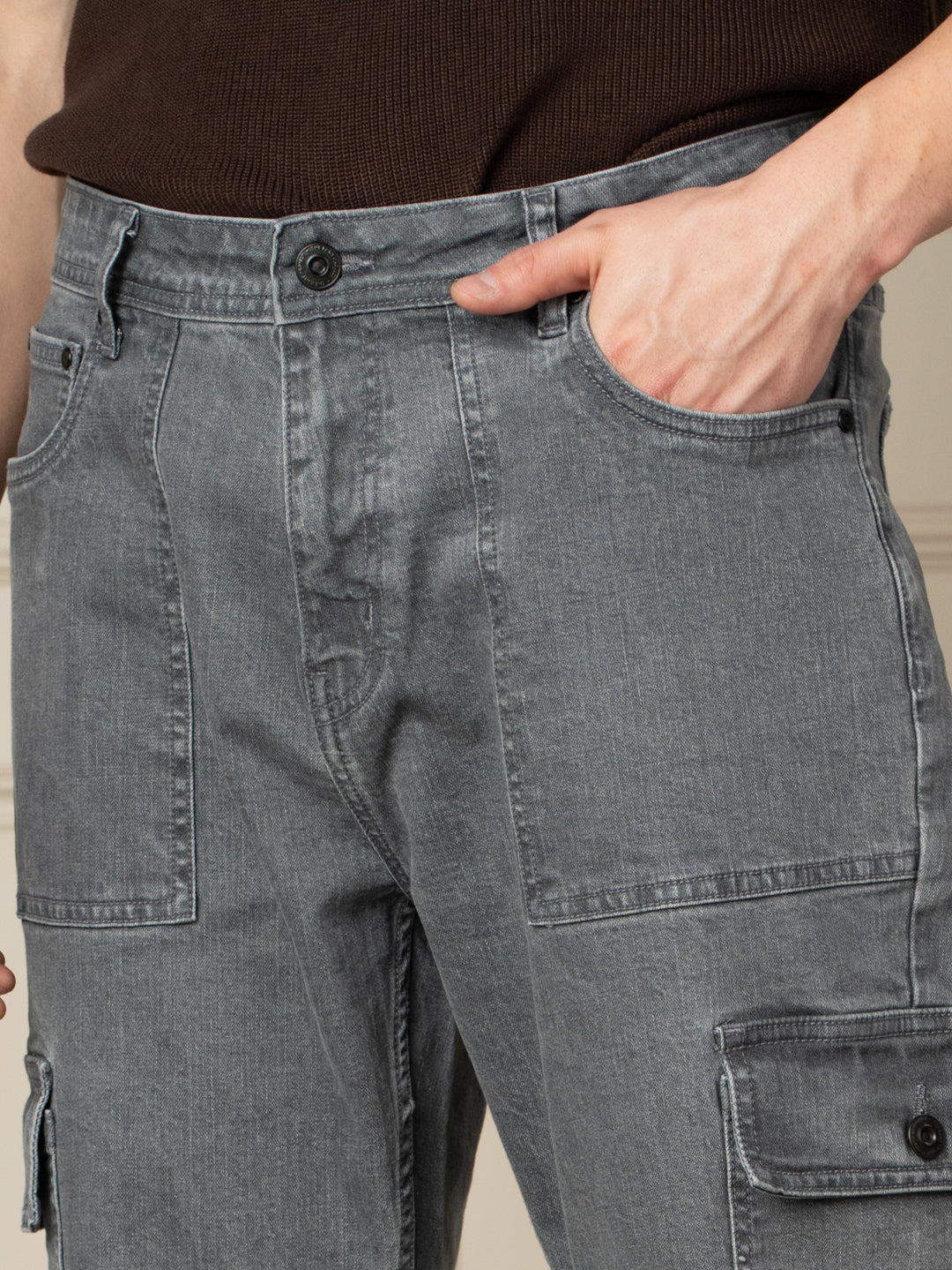 Peak Grey Relaxed Fit Denim Cargos - Image 4