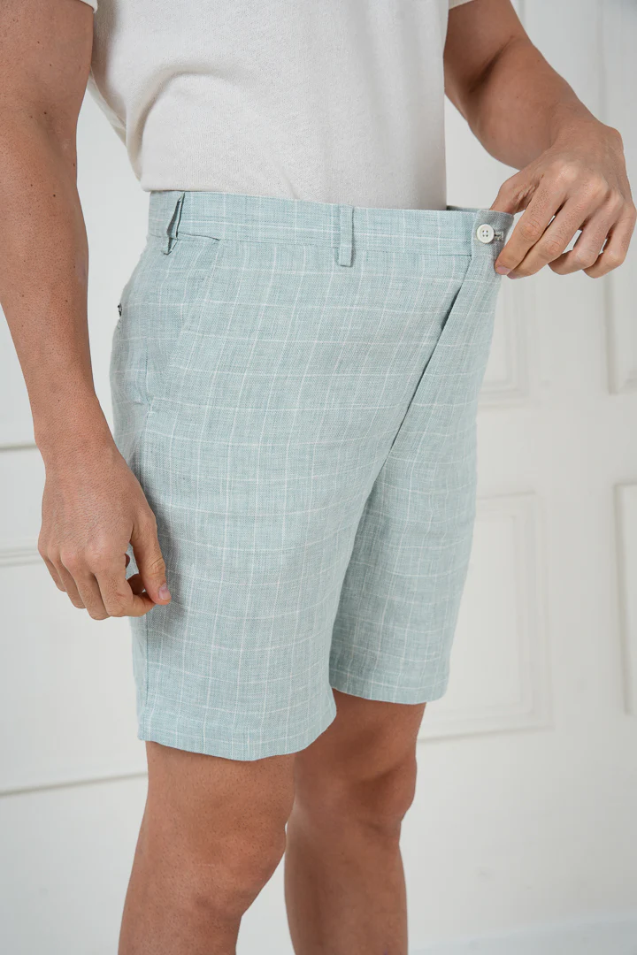 Pista Green Checks 100% Linen Chino Shorts - Image 4