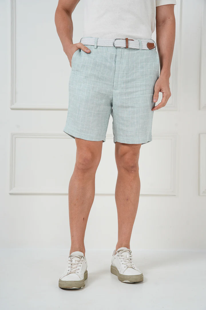 Pista Green Checks 100% Linen Chino Shorts - Image 5