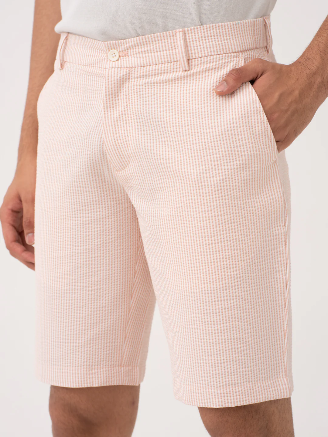Poppy Peach Stripes Seersucker Chino Shorts - Image 3