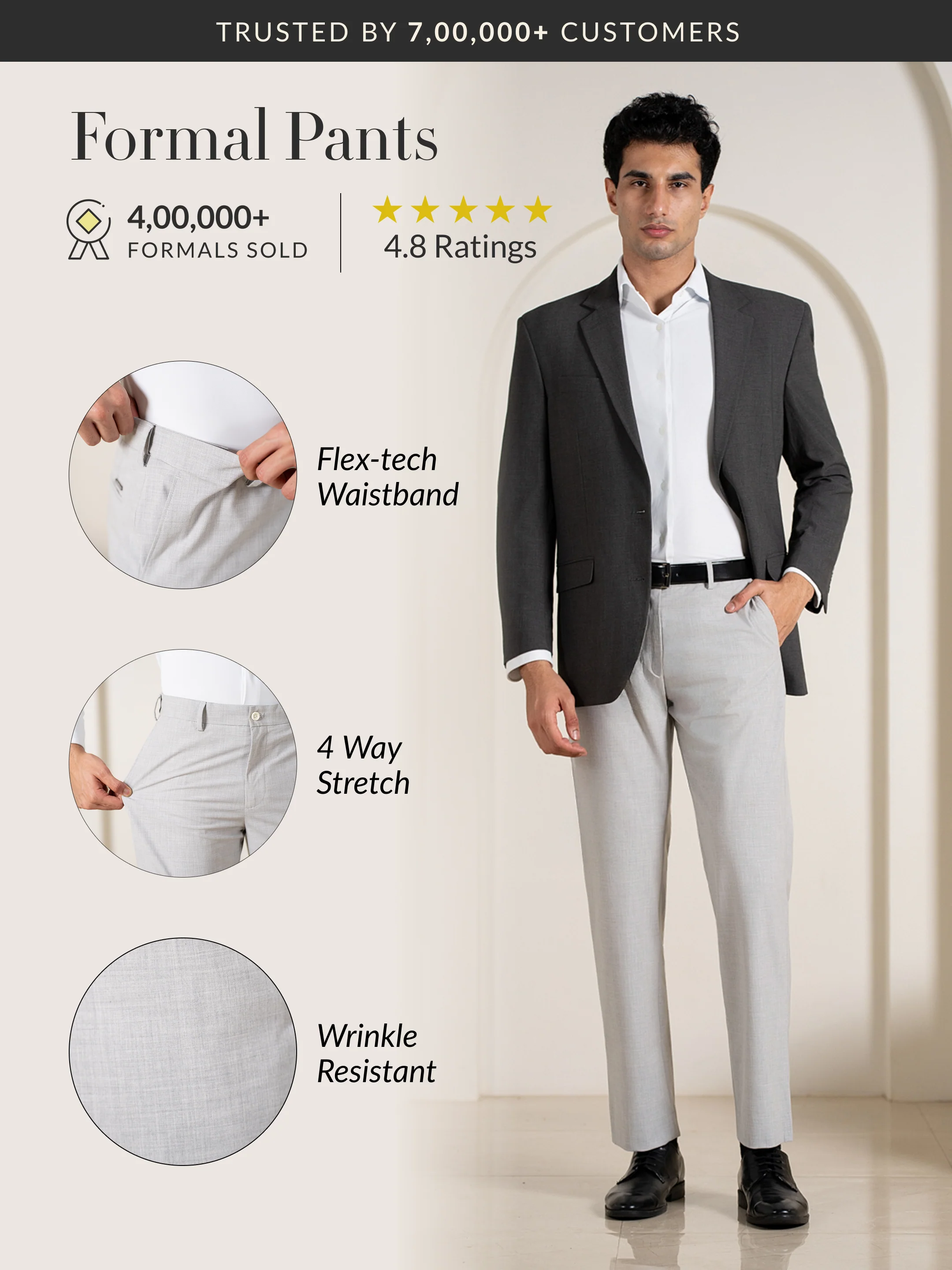 Prestige Grey Relaxed Fit Stretch Formal Pants - Image 2