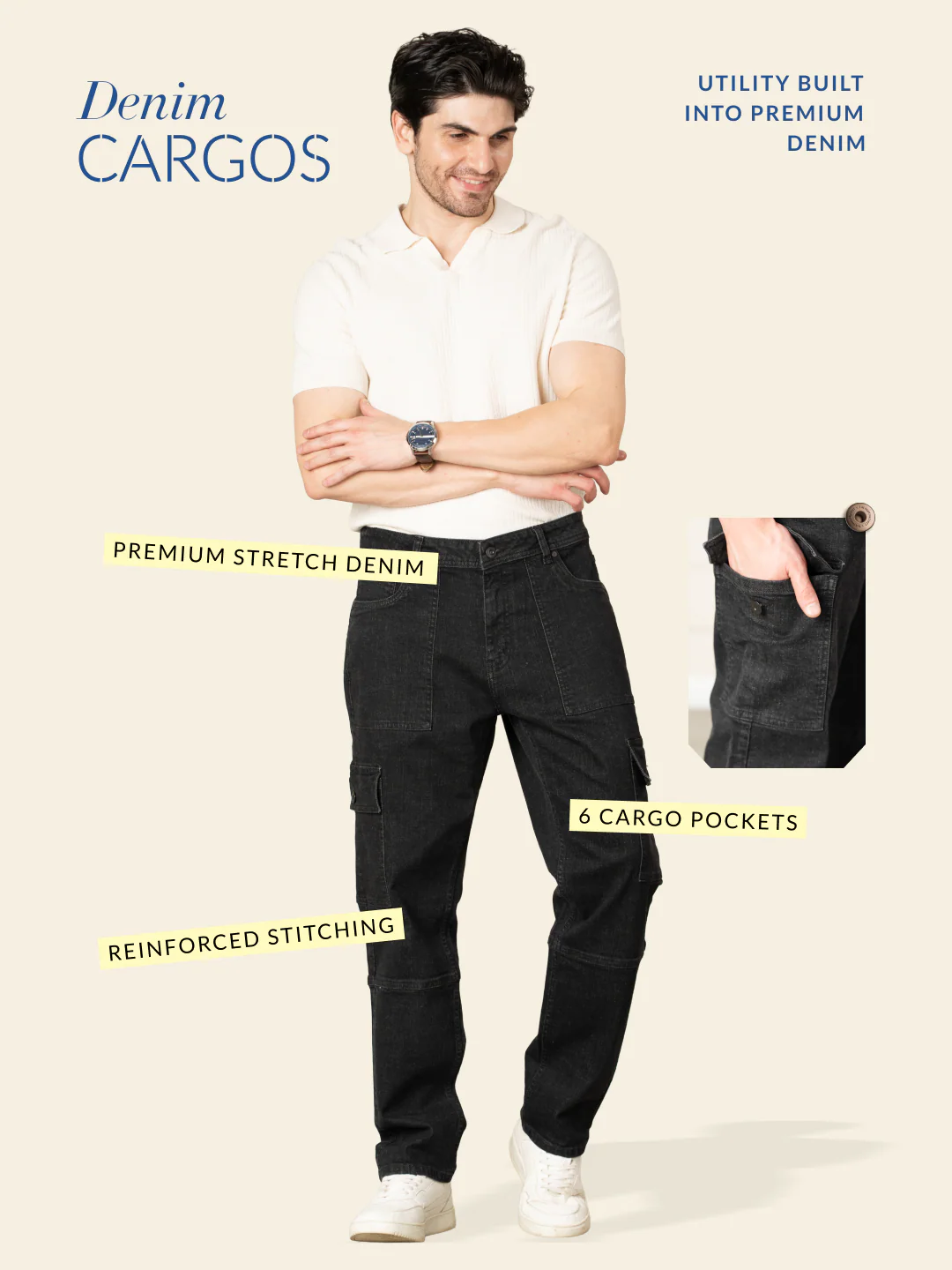 Ridge Black Relaxed Fit Denim Cargos - Image 3