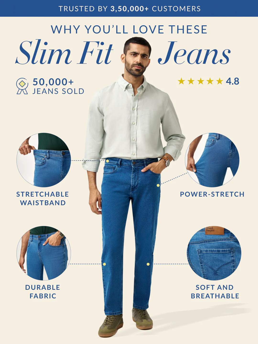 Royal Blue Power-Stretch Slim Fit Jeans - Image 3