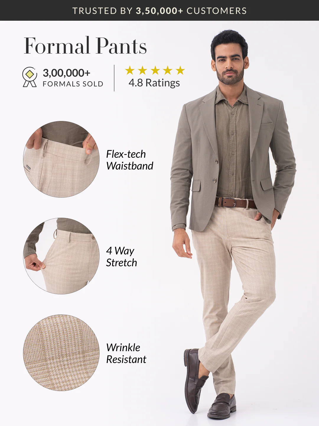 Sandpiper Beige Checks Slim Fit Stretch Formal Pants - Image 2