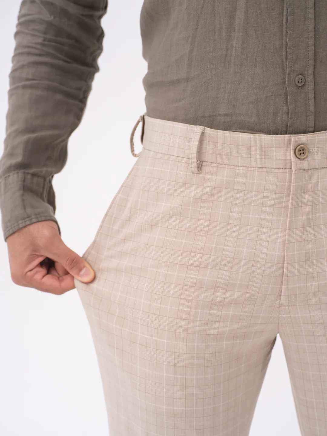 Sandpiper Beige Checks Slim Fit Stretch Formal Pants - Image 3