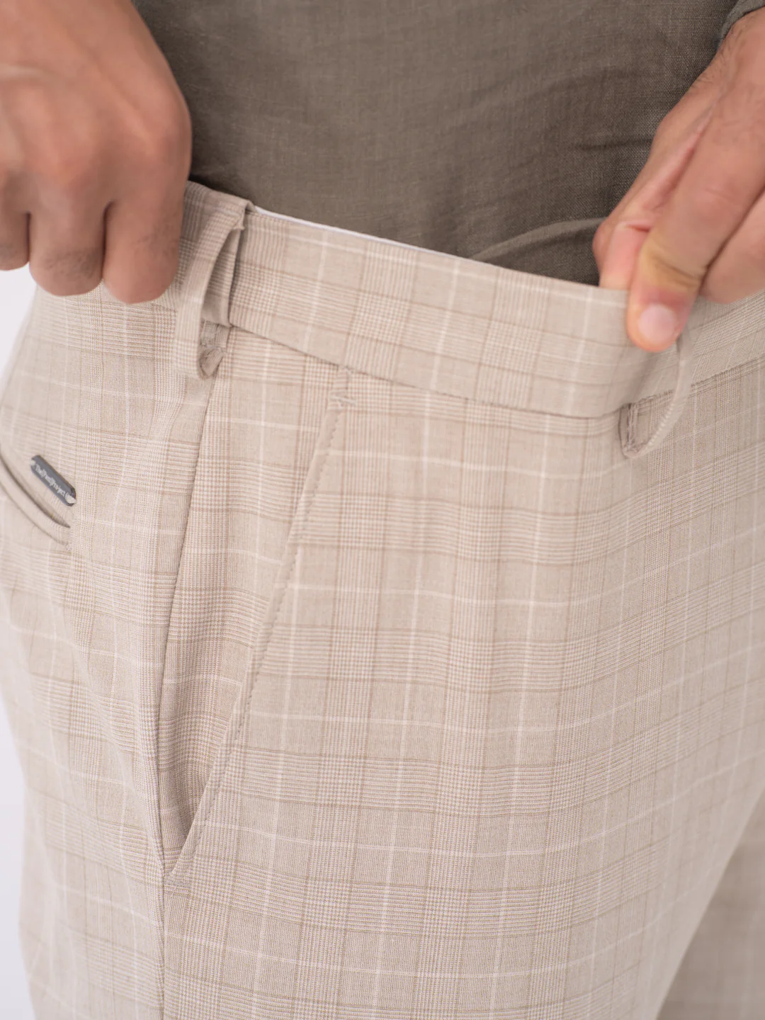 Sandpiper Beige Checks Slim Fit Stretch Formal Pants - Image 4
