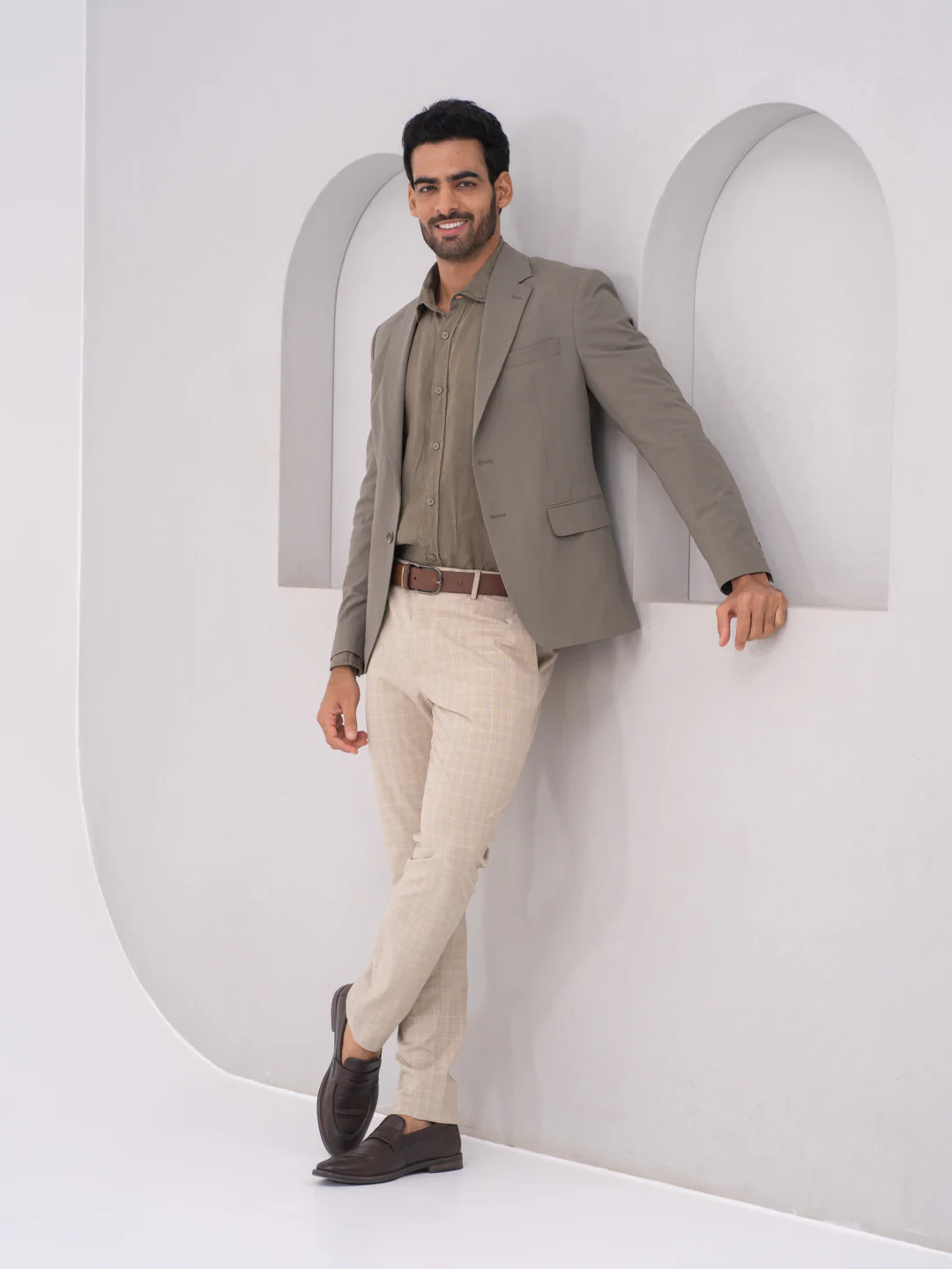 Sandpiper Beige Checks Slim Fit Stretch Formal Pants - Image 5