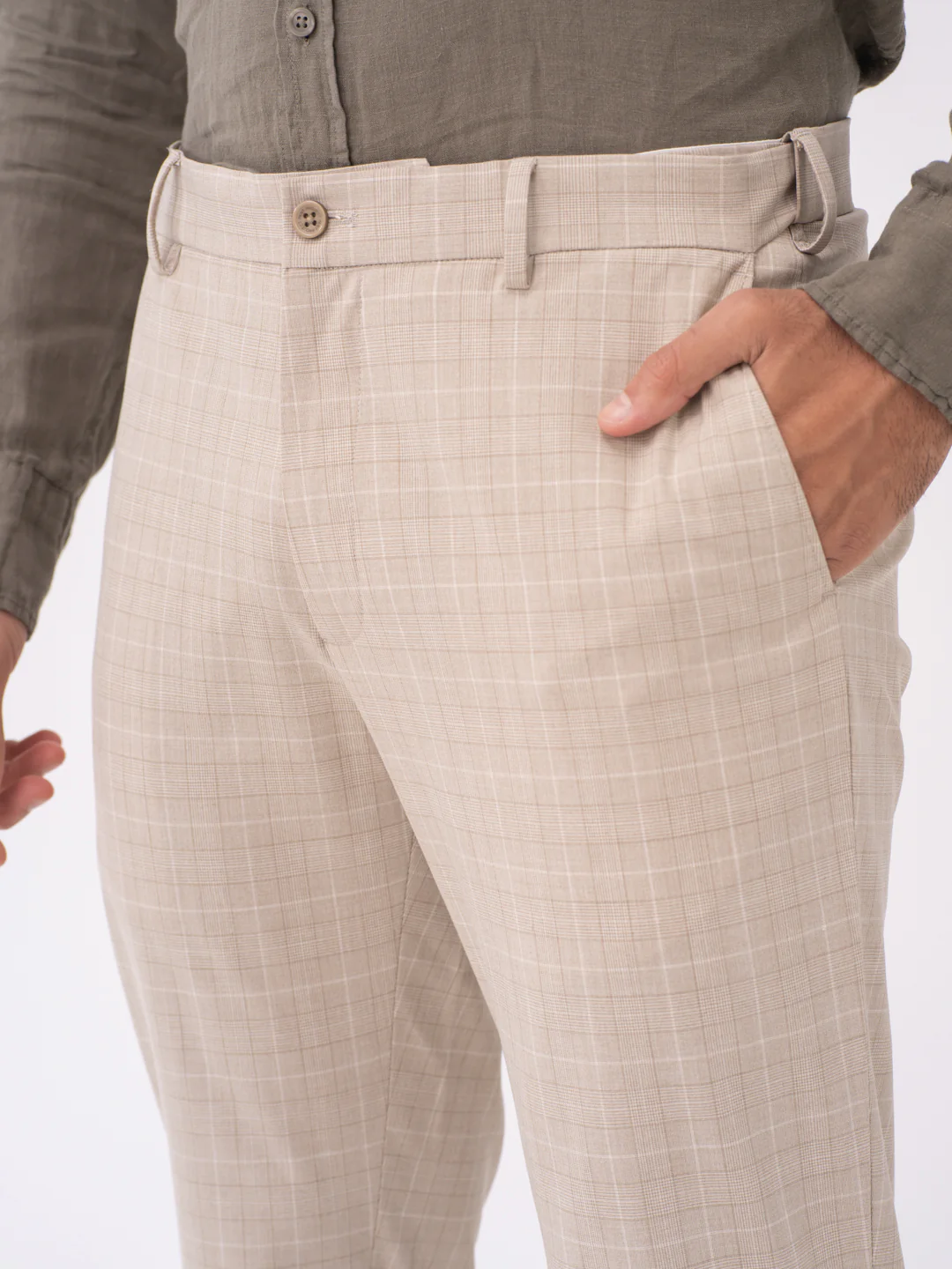 Sandpiper Beige Checks Slim Fit Stretch Formal Pants - Image 6