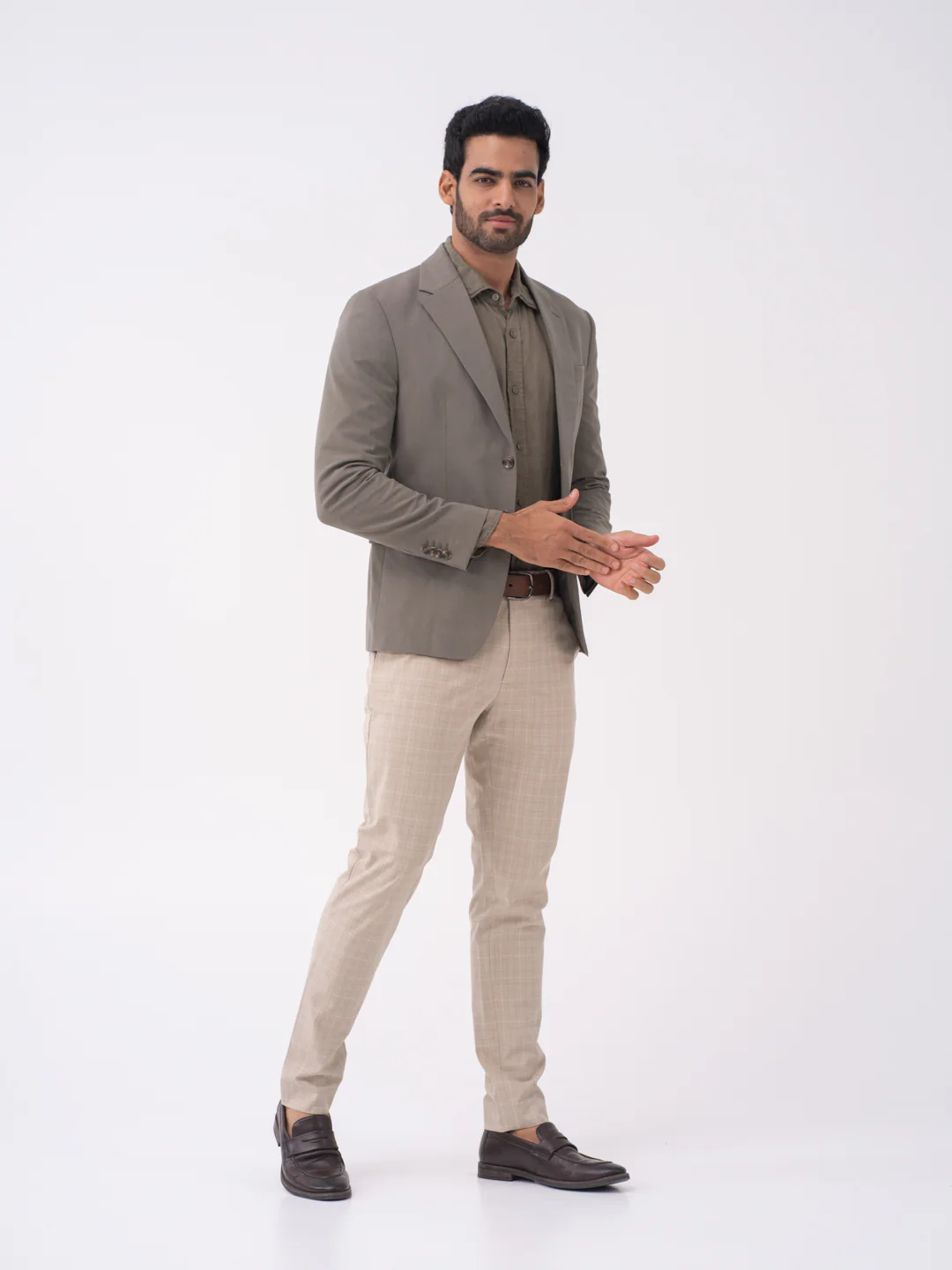 Sandpiper Beige Checks Slim Fit Stretch Formal Pants - Image 8