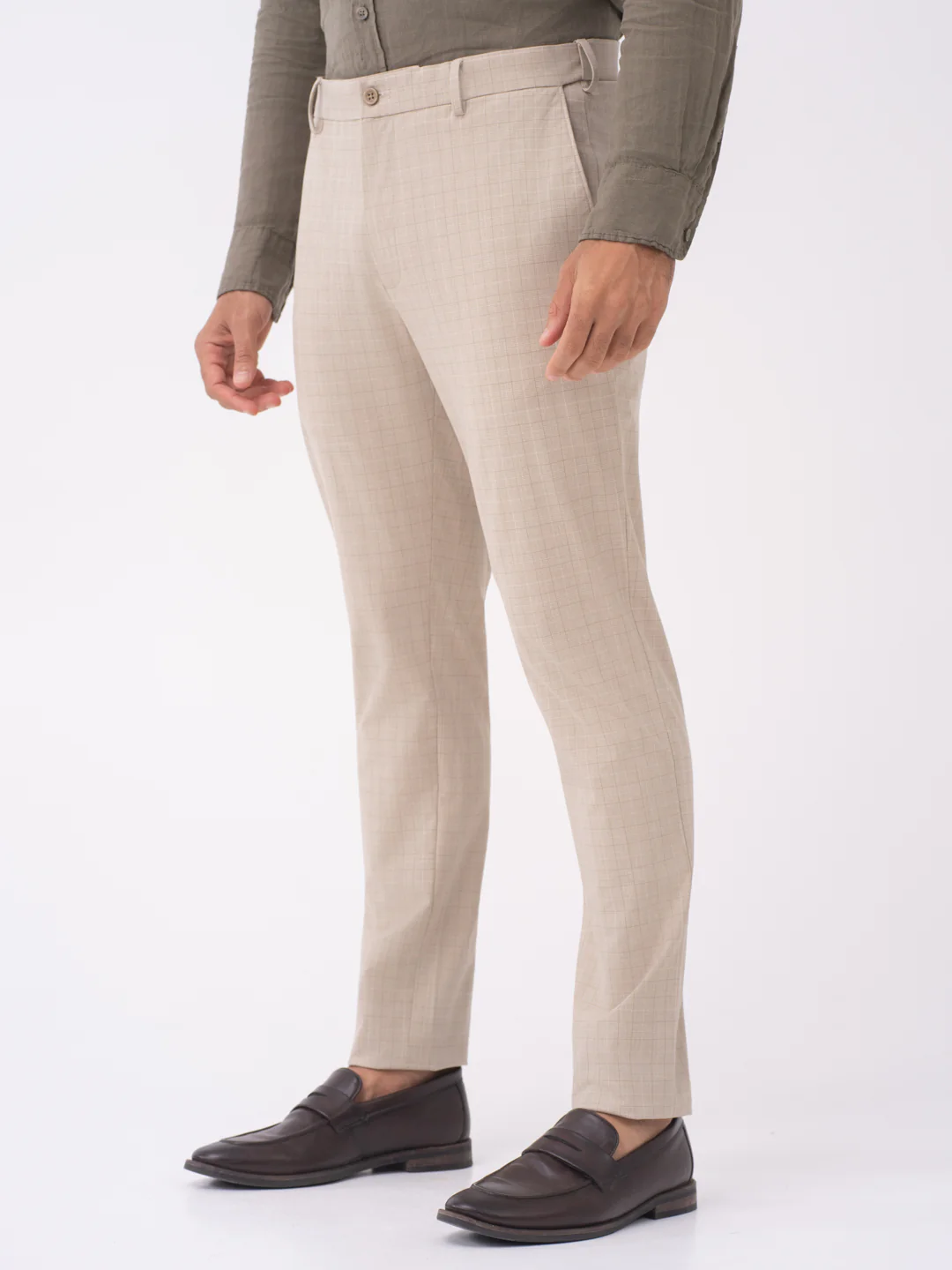 Sandpiper Beige Checks Slim Fit Stretch Formal Pants - Image 9