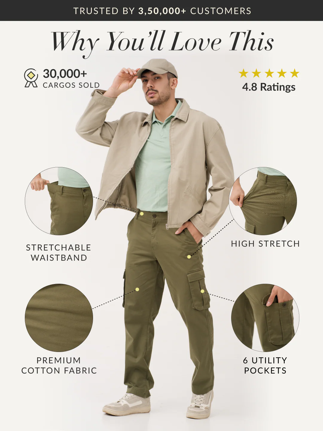 Sap Green Relaxed Fit Stretch Cargo Pants - Image 3