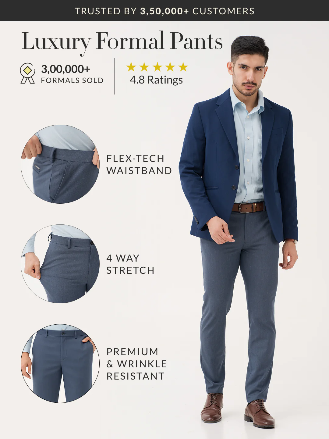 Solace Blue Luxury Twill Relaxed Fit Stretch Formal Pants - Image 2