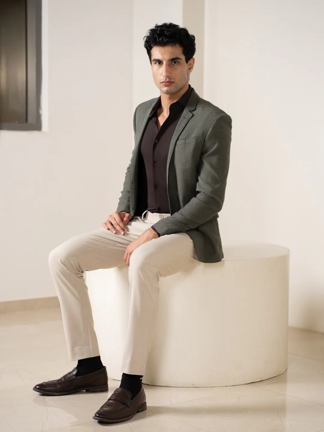Spaniel Khaki Houndstooth Slim Fit Stretch Formal Pants - Image 2