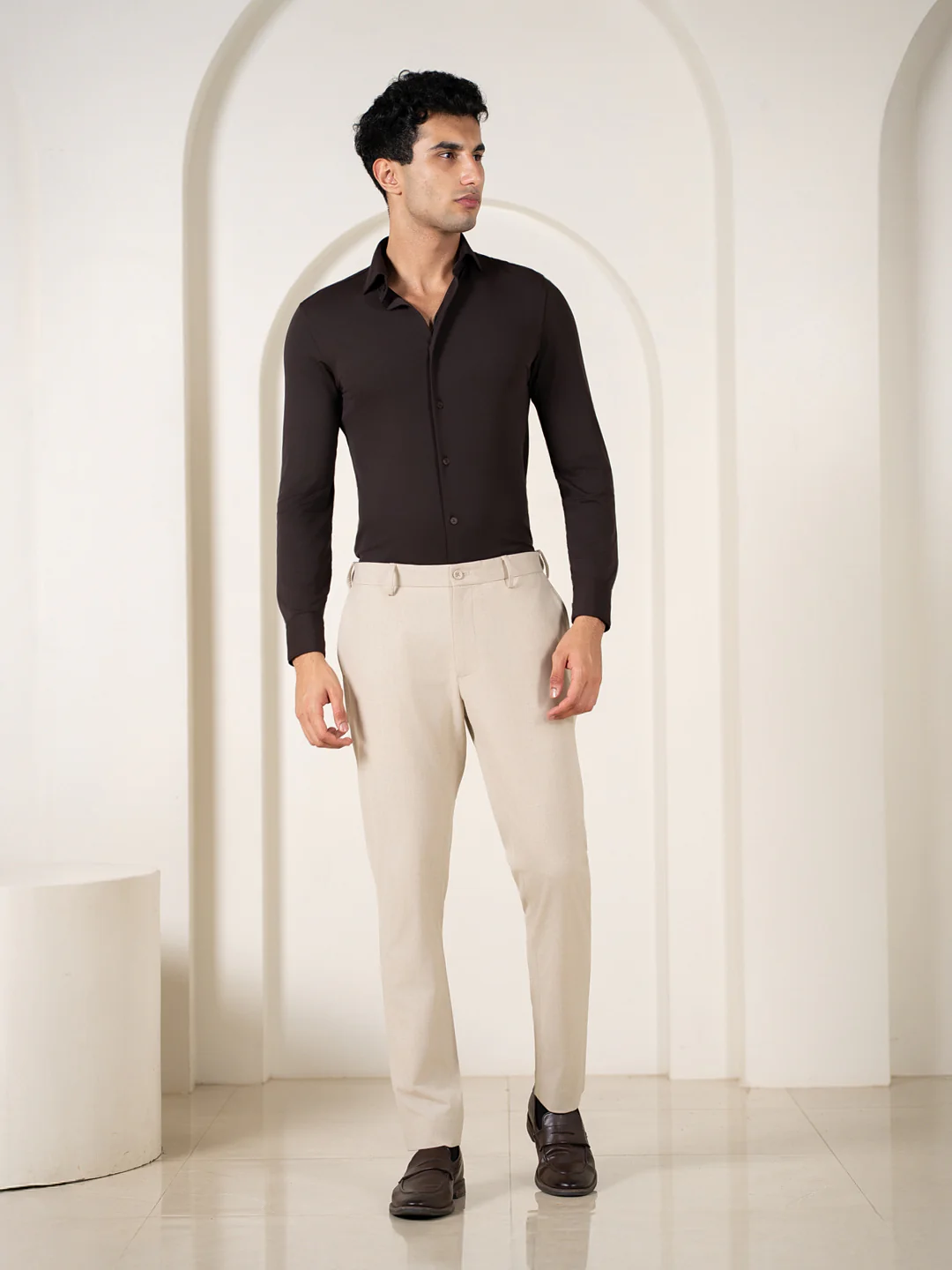 Spaniel Khaki Houndstooth Slim Fit Stretch Formal Pants - Image 5