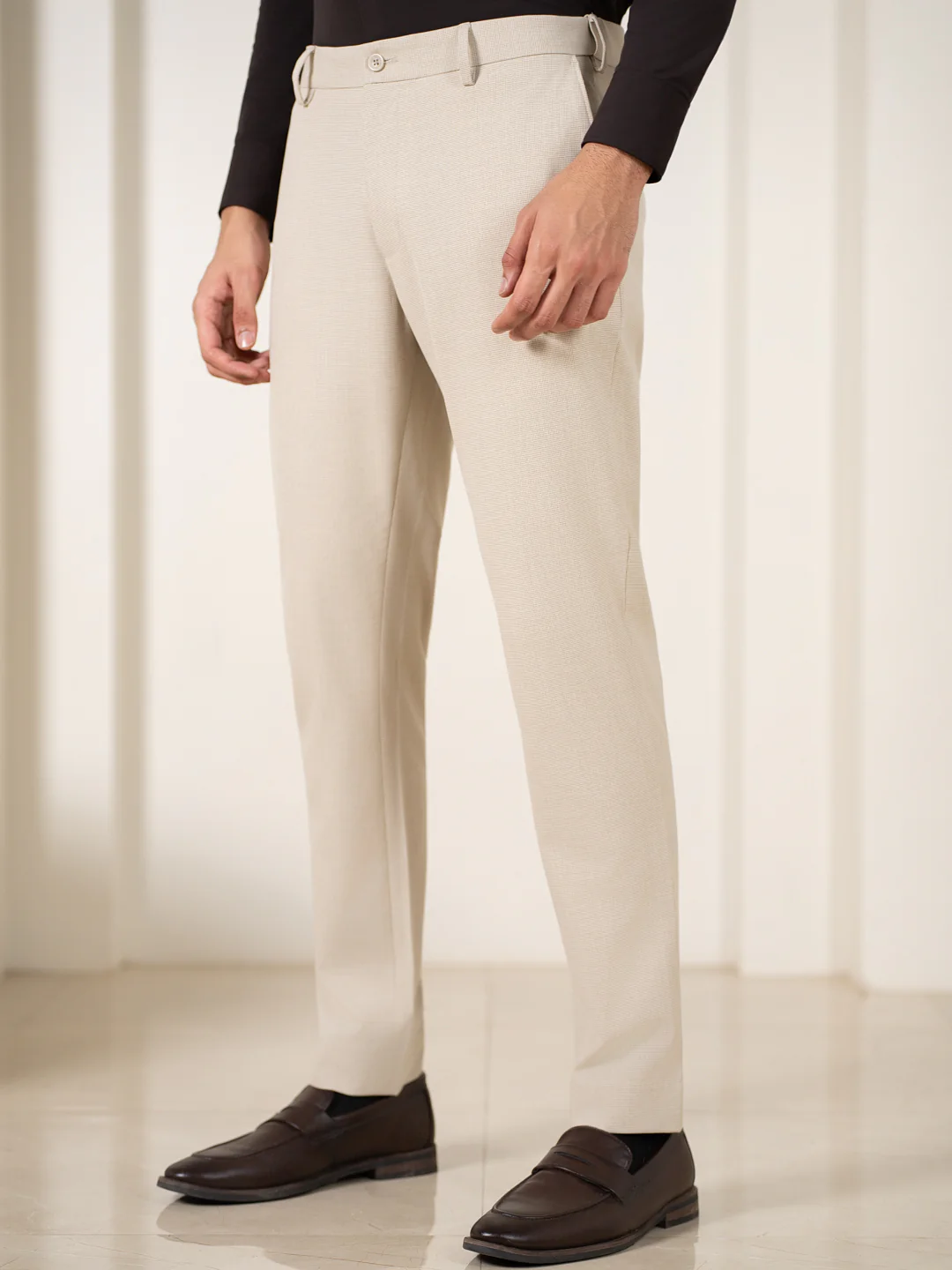 Spaniel Khaki Houndstooth Slim Fit Stretch Formal Pants - Image 7