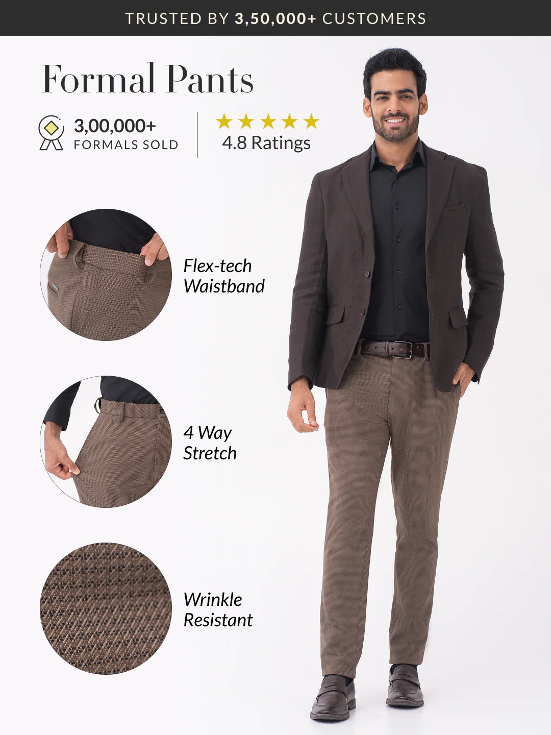 Stag Brown Textured Slim Fit Stretch Formal Pants - Image 2