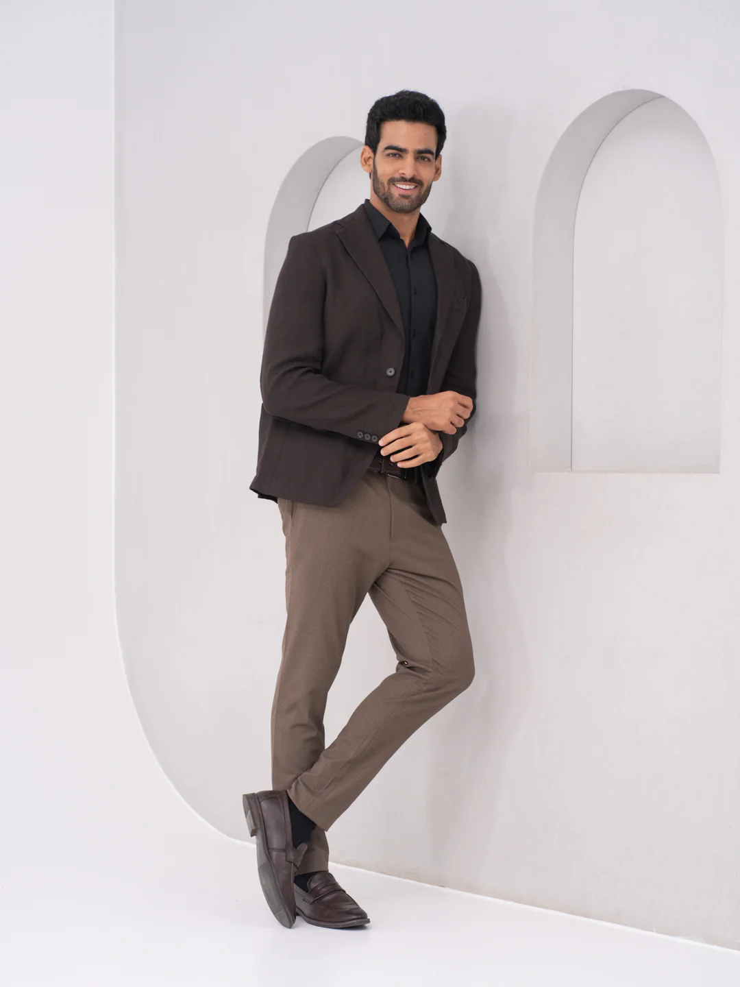 Stag Brown Textured Slim Fit Stretch Formal Pants - Image 5