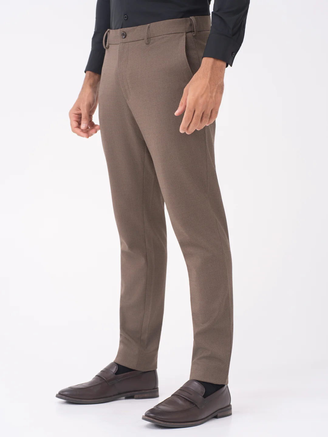 Stag Brown Textured Slim Fit Stretch Formal Pants - Image 7