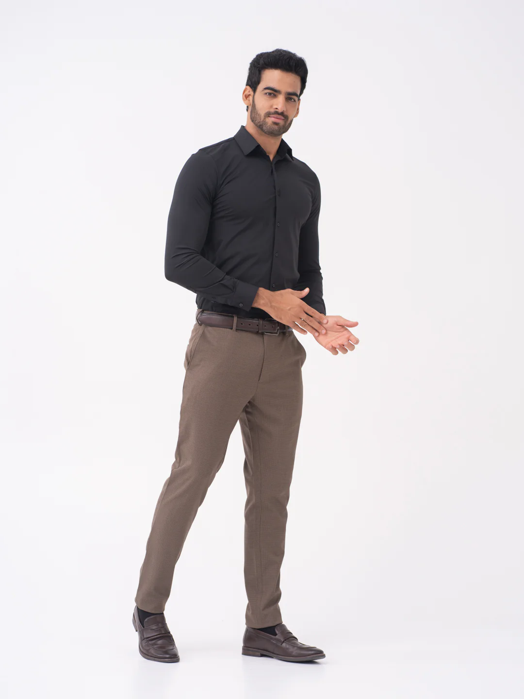 Stag Brown Textured Slim Fit Stretch Formal Pants - Image 9