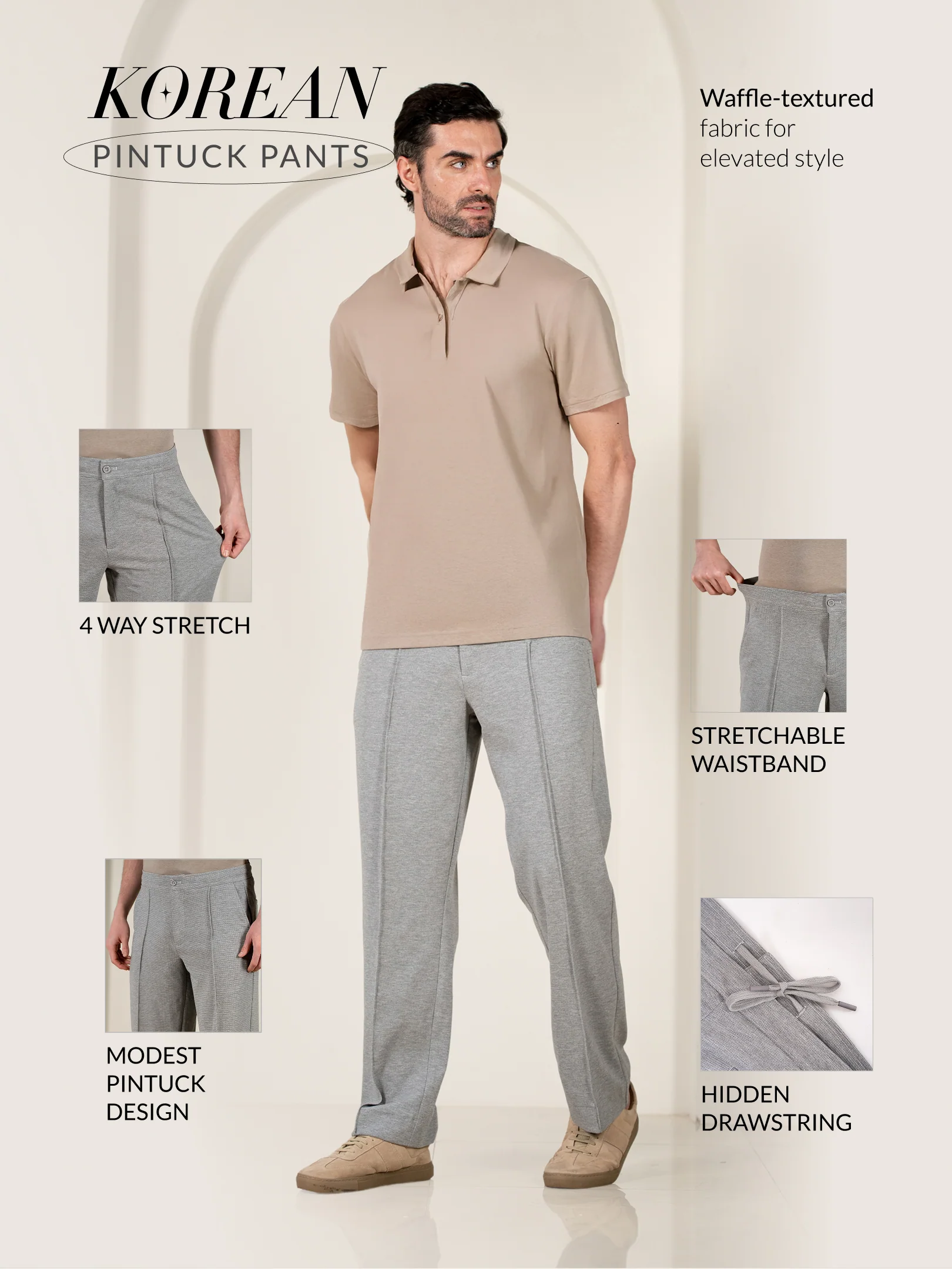Tharn Grey Relaxed Fit Power Stretch Korean Pintuck Pants - Image 3