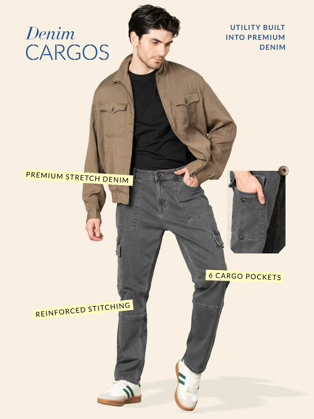 Trail Grey Relaxed Fit Denim Cargos - Image 3