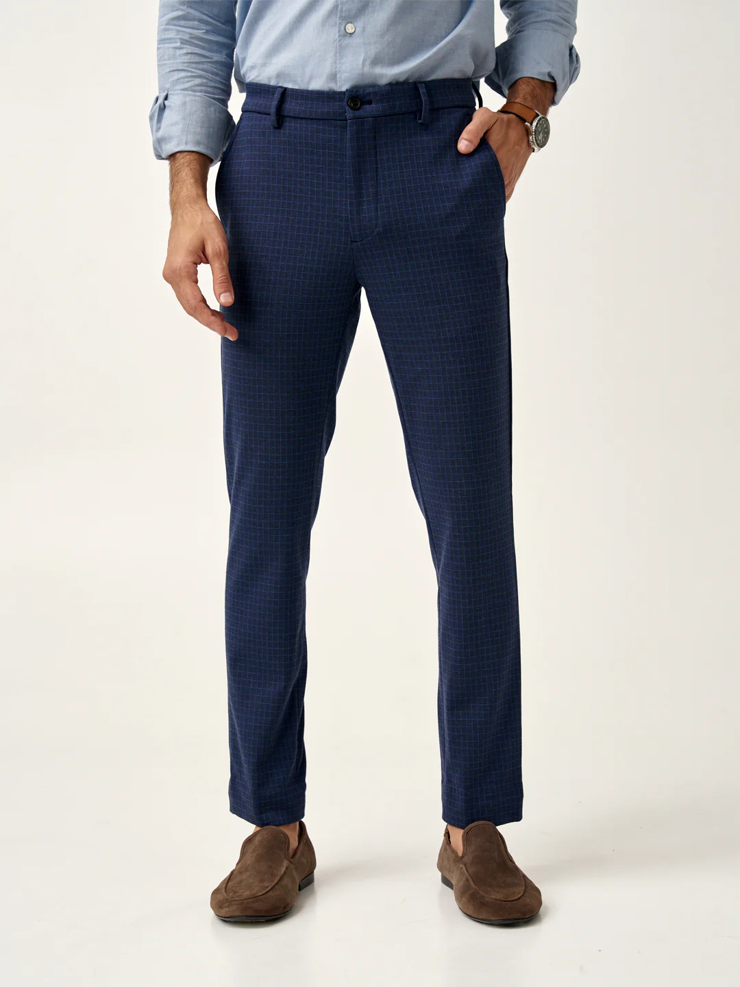 Udaipur Blue Checks Slim Fit Power Stretch Pants - Image 4