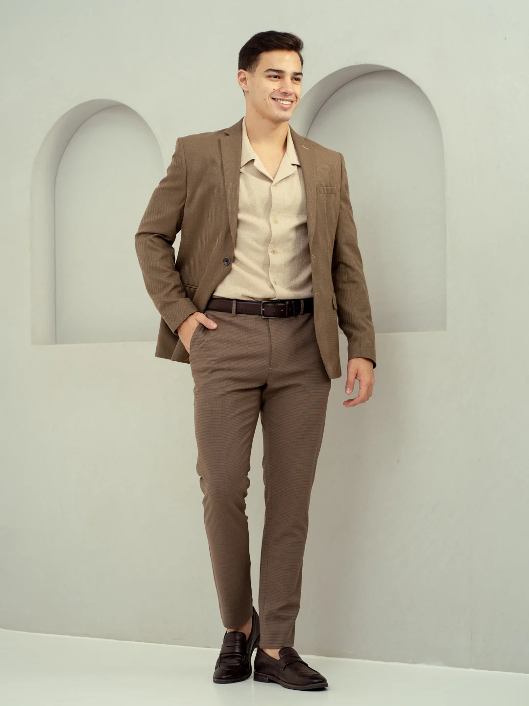 Umber Brown Micro Checks Stretch Formal Pants - Image 6
