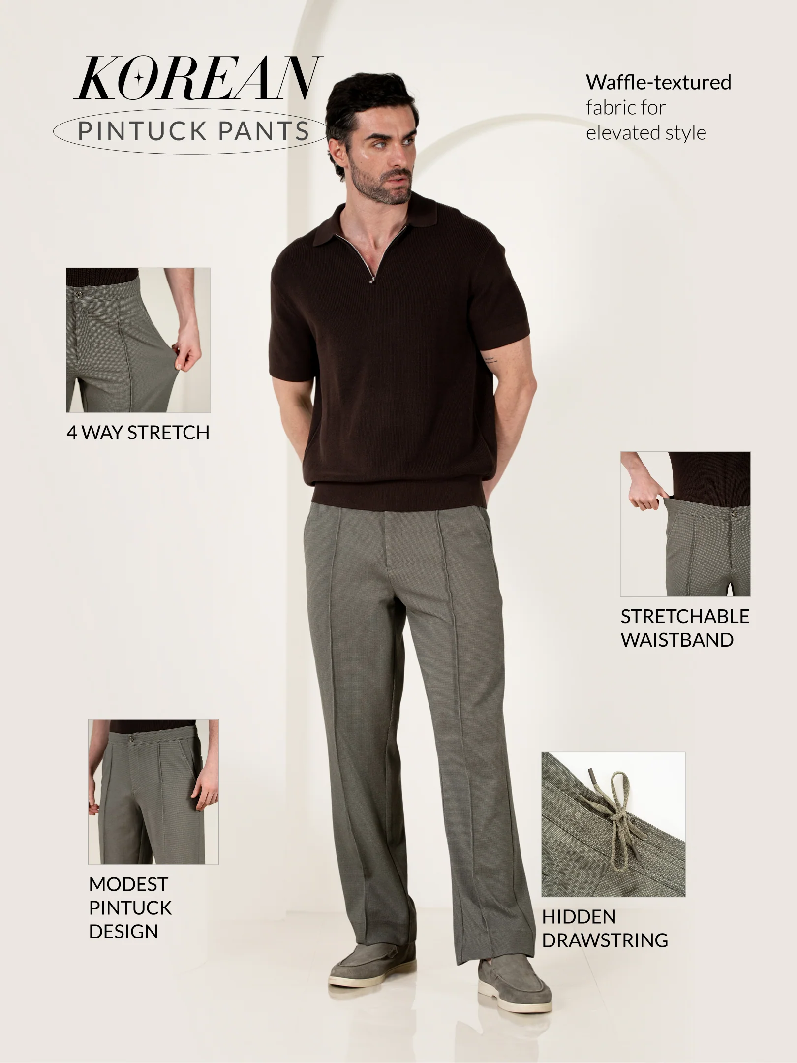 Viren Green Relaxed Fit Power Stretch Korean Pintuck Pants - Image 3