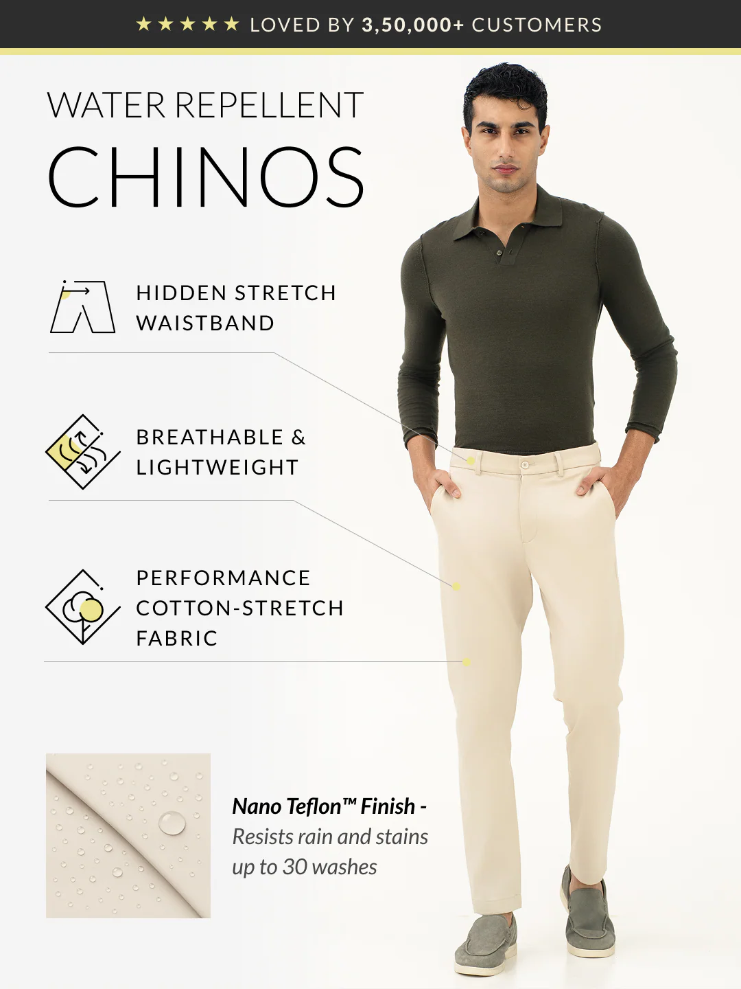 Weatherlock Cream Slim Fit Stretch Chinos - Image 2