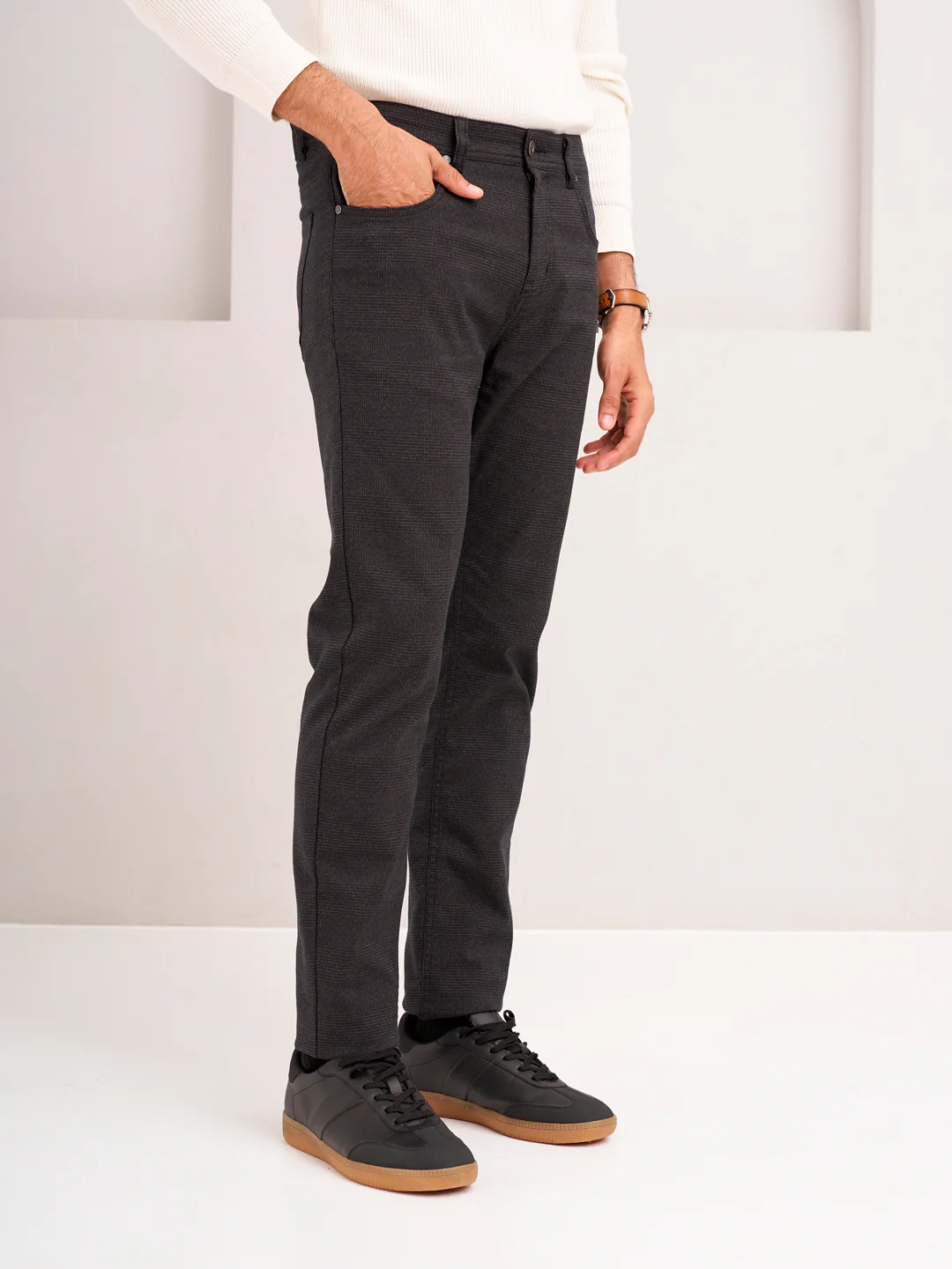 Wood Brown Checks Slim Fit Jeanos - Image 5